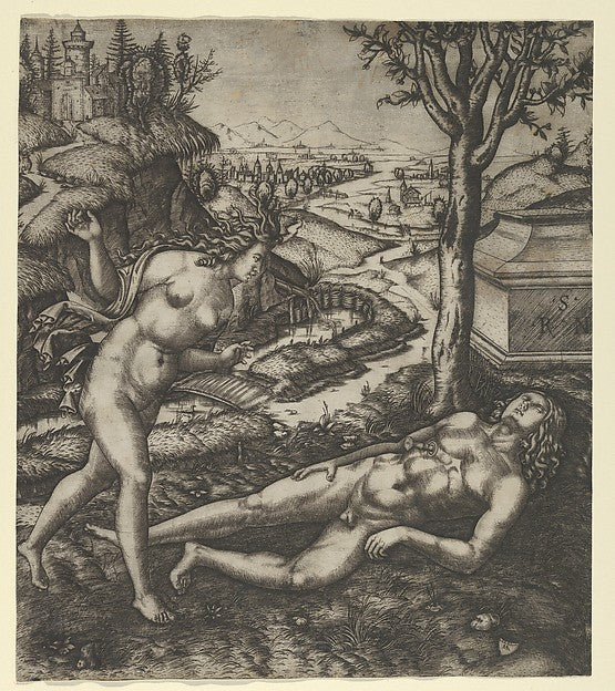 Thisbe finding Pyramus laying on the ground with a knife in hi, Poster Print