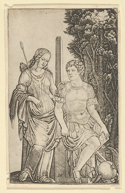 Venus standing at left resting her hand on the shoulder of Aen, Poster Print