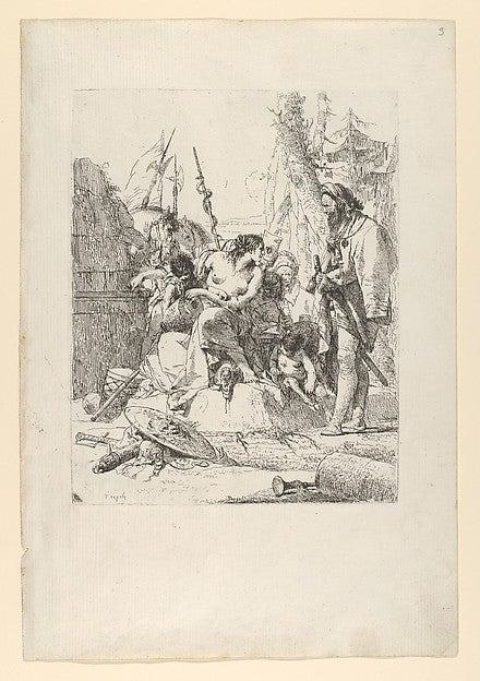 Half-dressed Nymph with two children surrounded by four men , Poster Print Wall Art