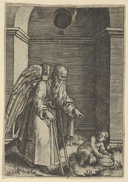 An elderly winged man with a long beard walking with crutches, Poster Print