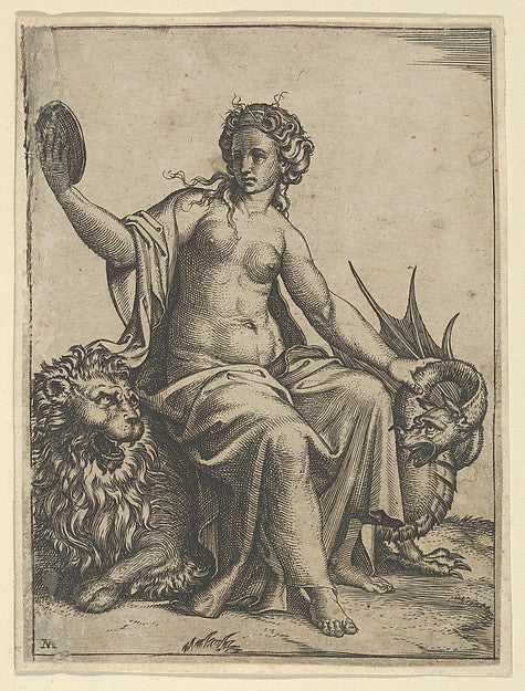 Prudence as a young woman sitting on a lion and holding the n, Poster Print