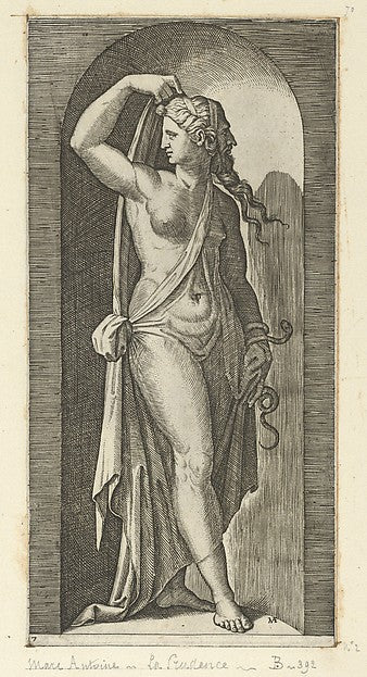 Prudence personified by a woman standing in a niche holding a, Poster Print