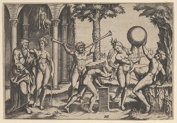 A man with two trumpets in the centre flanked by other figures,16x12"(A3) Poster
