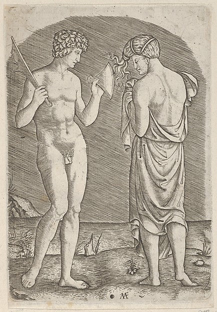 A naked man at left showing an axe to a woman at right c1510–2,16x12"(A3) Poster