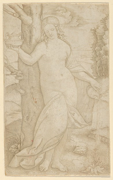A woman watering a plant a pot in her raised right hand c1507, Poster Print