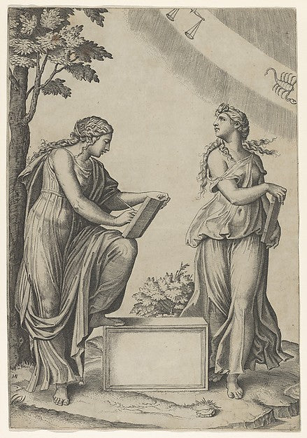 Two women of the zodiac standing beneath the signs of Libra an, Poster Print