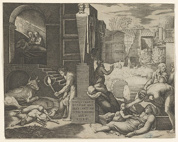 A plague scene at right a man at left holding a torch illumin,16x12"(A3) Poster