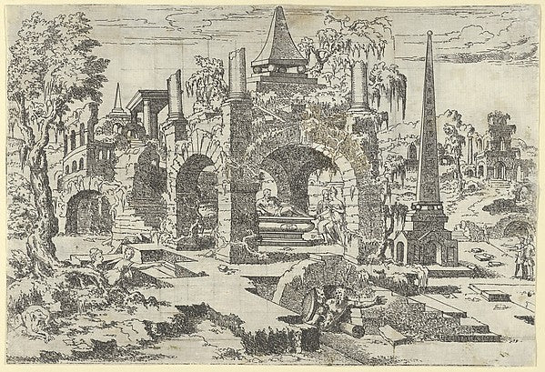 Léon Davent:Landscape with Arched Tomb and an Obelisk 1540–5-16x12"(A3) Poster