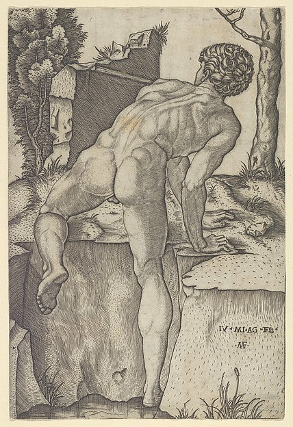 Naked man viewed from behind climbing a river bank after Mich, Poster Print