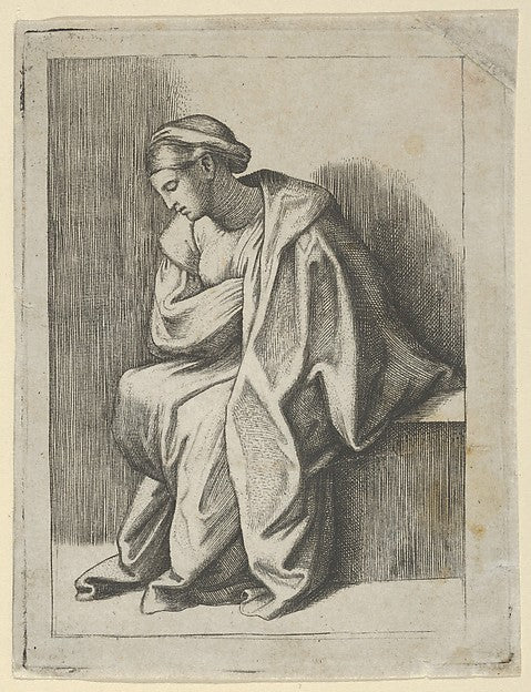 Woman sitting with her head turned downwards to her right and, Poster Print
