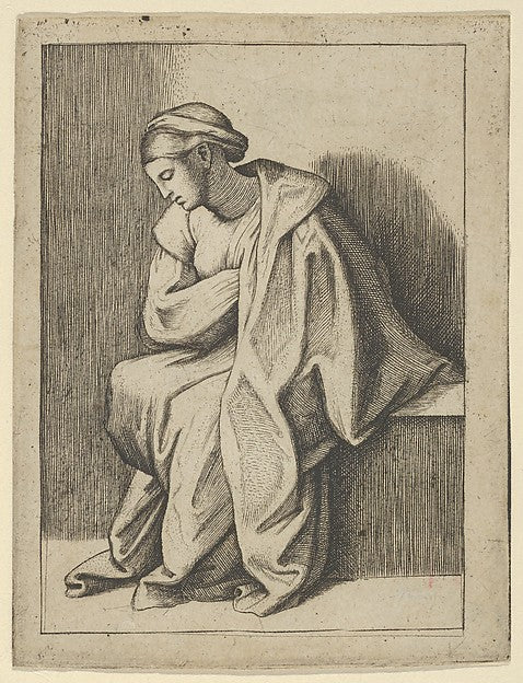 Woman sitting with her head turned downward to her right and e, Poster Print