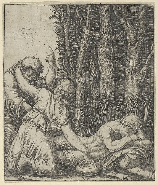 Man sleeping at the edge of a wood with a woman knealing at hi, Poster Print