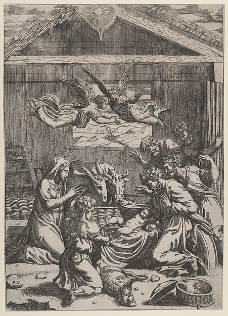 The Adoration of the Shepherds c1500–1550-School of Marcantoni,16x12"(A3) Poster