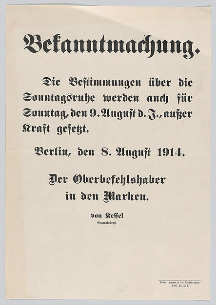 Anonymous:Bekanntmachung c1914-16x12"(A3) Poster