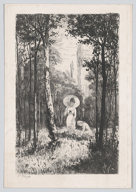 Marcel Blairat:Two women in a clearing in the woods one hold-16x12"(A3) Poster