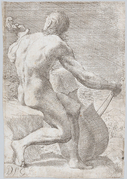 José García Hidalgo:Study from behind of a naked man playing-16x12"(A3) Poster