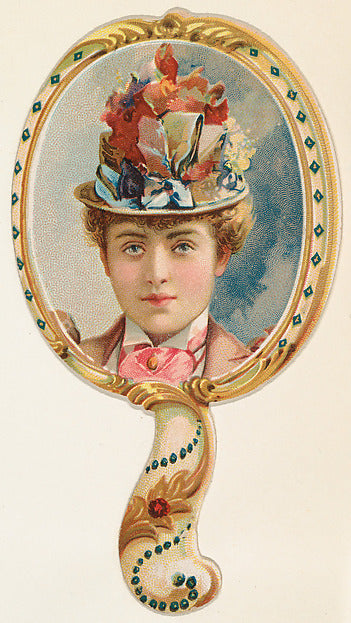 :Hand mirror with woman in floral hat with blue ribbont from-16x12"(A3) Poster