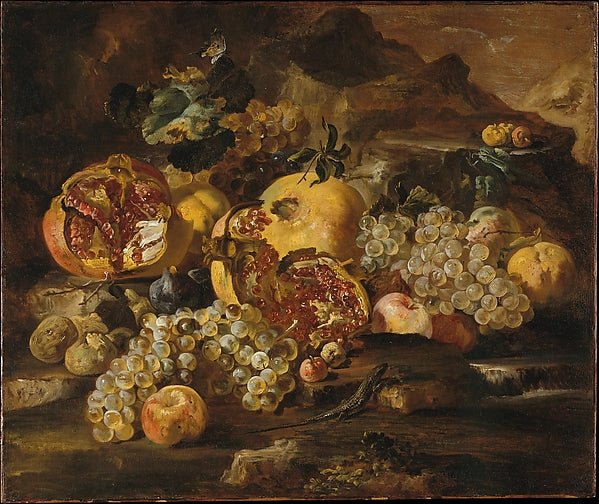 Abraham Brueghel:Pomegranates and Other Fruit in a Landscape-16x12"(A3) Poster