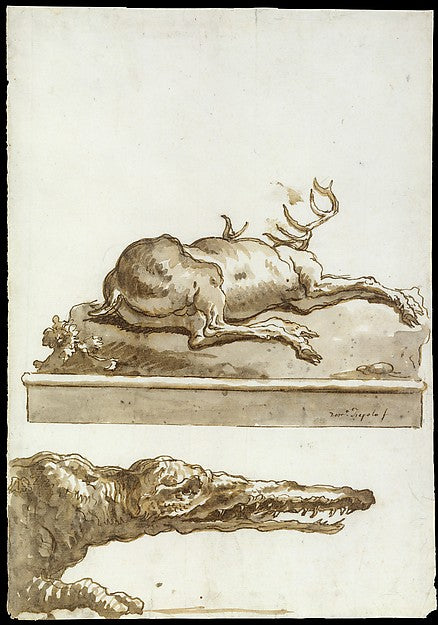 Giovanni Domenico Tiepolo:A Stag Lying Down: The Head of a C-16x12"(A3) Poster
