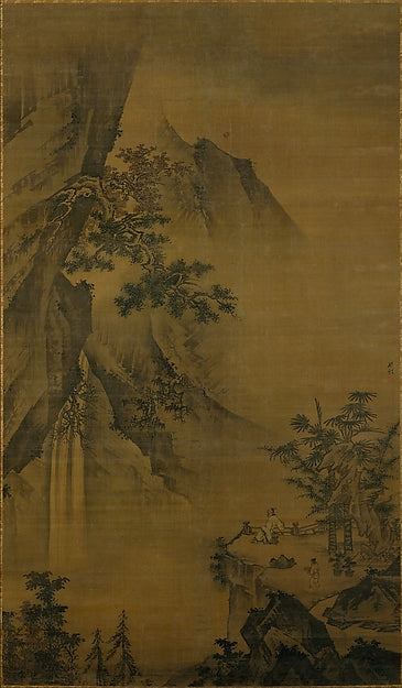 Scholar looking at a waterfall late 15th c,Classic Ming China Image, Poster Print Wall Art