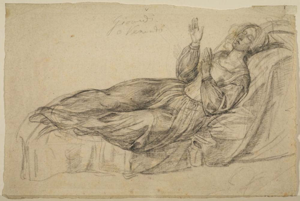 Draped female figure lying on a couch by Dante Gabriel Rossetti, English Pre-Raphaelite Painter,12x8"(A4) Poster Print