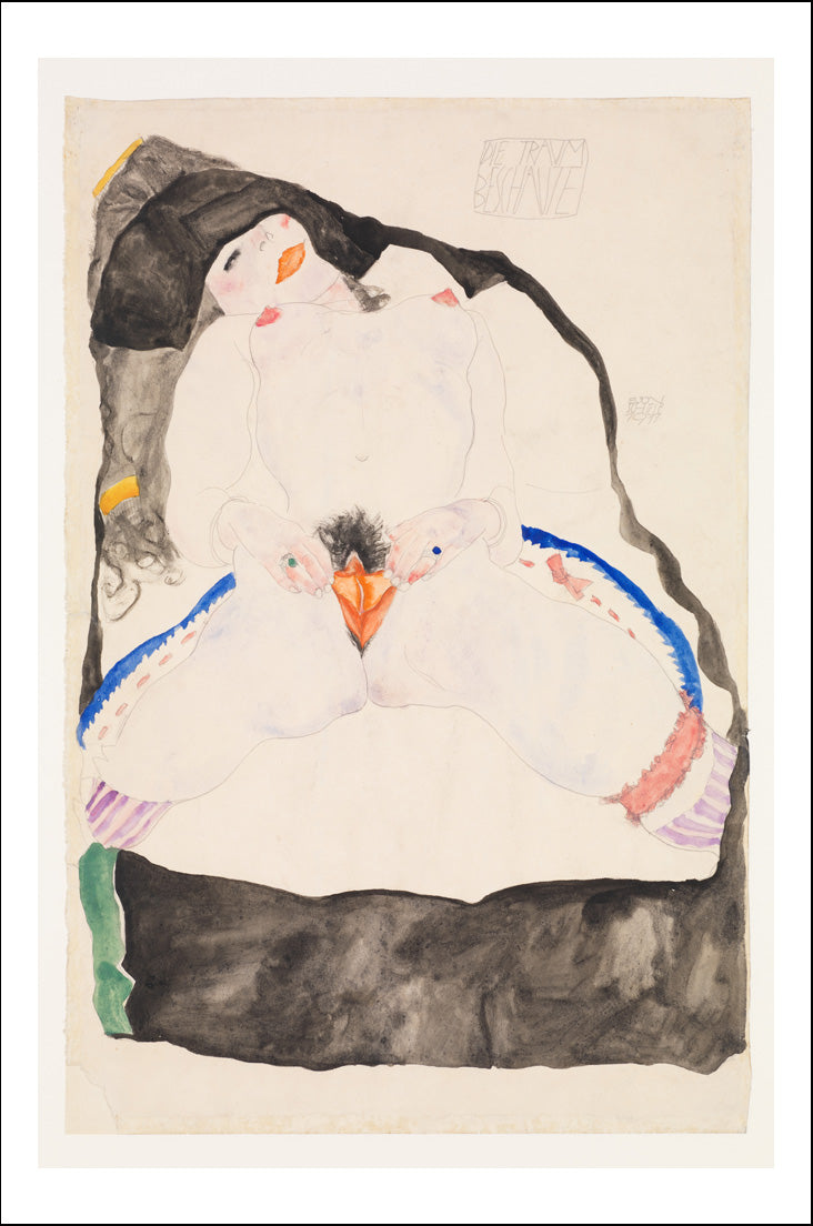 Girl Lakes in a Dream, Nude, Erotic, 1911 by Egon Schiele, 12x8" (A4) Poster Print