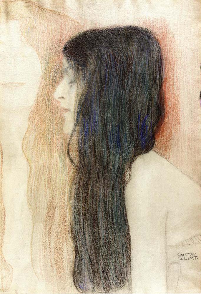Girl with Long Hair, with a sketch for Nude Veritas - Gustav Klimt - 1898-1899, 16x12" (A3) Poster Print