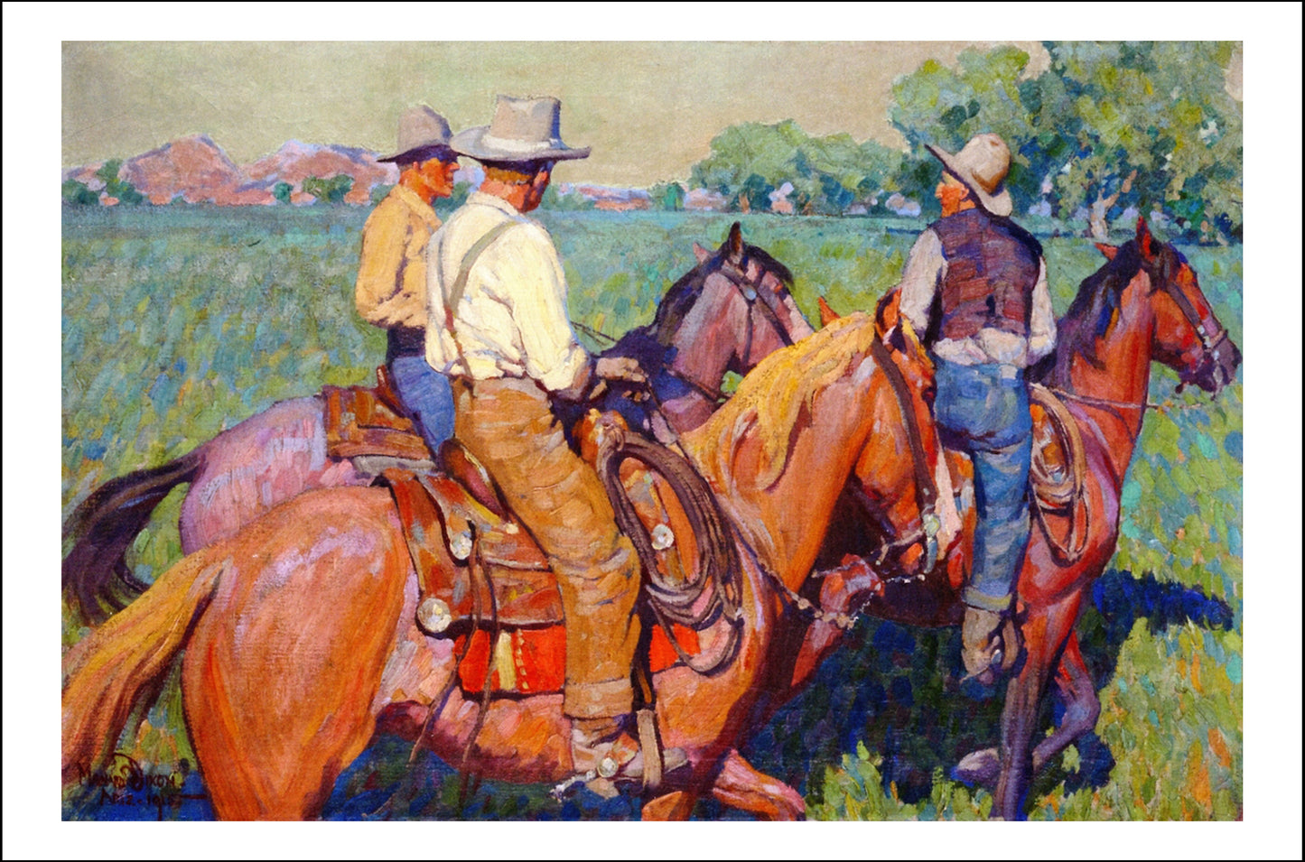 Home Pastures (aka Three Cowboys) 1915 by Maynard Dixon, Classic American Western Art, 16x12" (A3) Poster Print