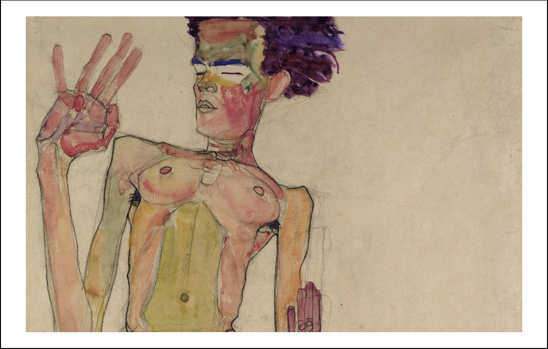 Kneeling Male Nude with Raised Hands (Self-Portrait)  by Egon Schiele, 12x8" (A4) Poster Print