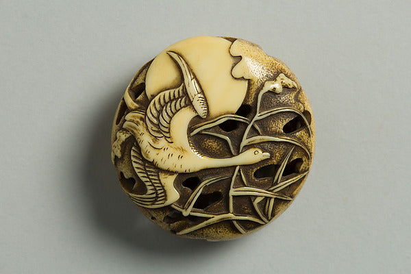 Netsuke of Goose in Flight against Moon 19th cent-Ry?sa, Poster Print