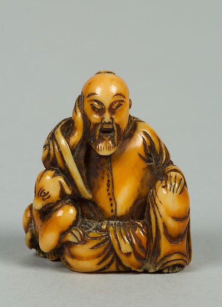 Netsuke of Seated Figure of Old Man with a Dog 19th cent, Poster Print