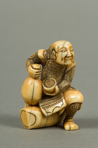 Netsuke of Man Sitting on a Log holding a Bottle and a Cup 19t, Poster Print