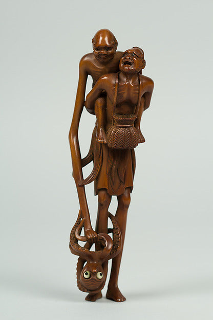 Netsuke of Two Men and an Octopus 19th cent, Poster Print Wall Art