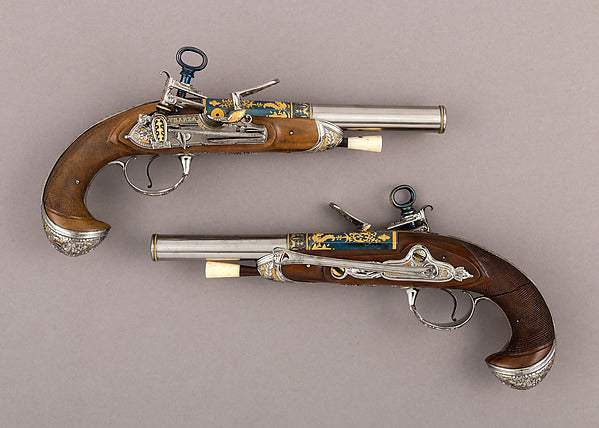 Pair of Pistols with Flintlocks a Las Tres Modas late 18th cen, Poster Print Wall Art