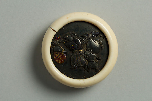 Netsuke of Mother Hare and Son Carrying the Emblem of the Gods, Poster Print Wall Art