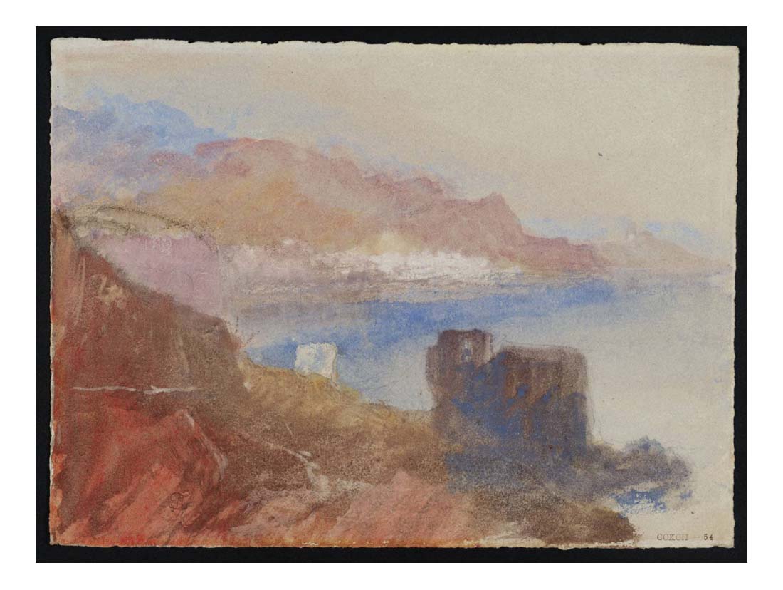 Mountains beside River (or Lake), with Ruins on Promontory, 1834 by John Mallord William Turner RA, 12x8"(A4) Poster