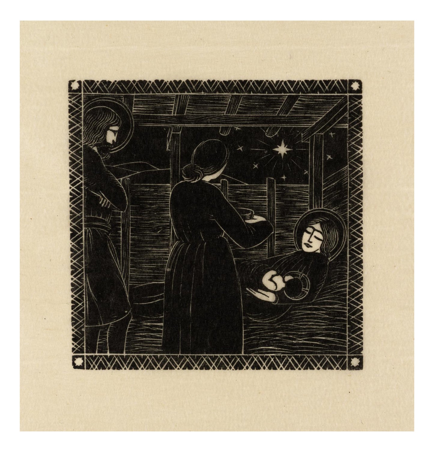 Nativity with Midwife 1913, vintage art by Eric Gill, 12x8"(A4) Poster Print