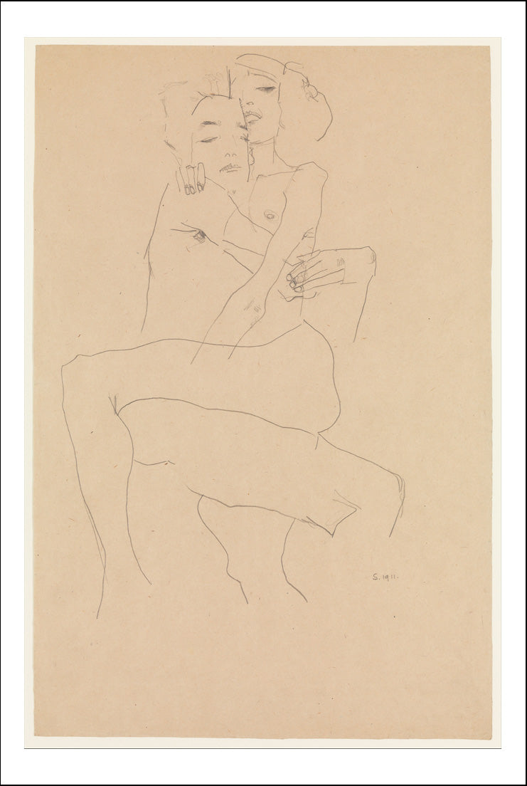 Nude Couple Embracing, Erotic, 1911 by Egon Schiele, 12x8" (A4) Poster Print