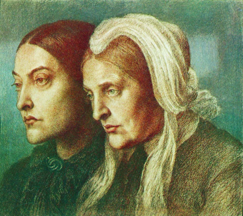 Portrait of the artist's sister Christina and mother Frances, 1877 by Dante Gabriel Rossetti, pre-Raphaelite artist, 16x12" (A3) Poster