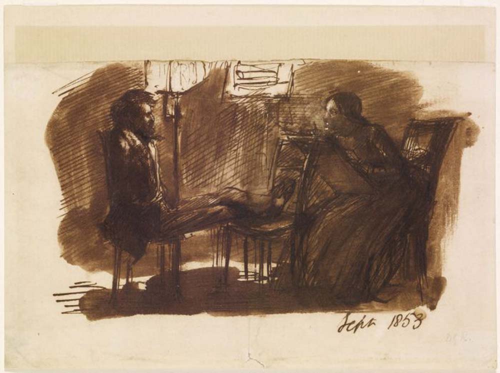Rossetti sitting to Elizabeth Siddal, 1853 by Dante Gabriel Rossetti, English Pre-Raphaelite Painter,12x8"(A4) Poster Print