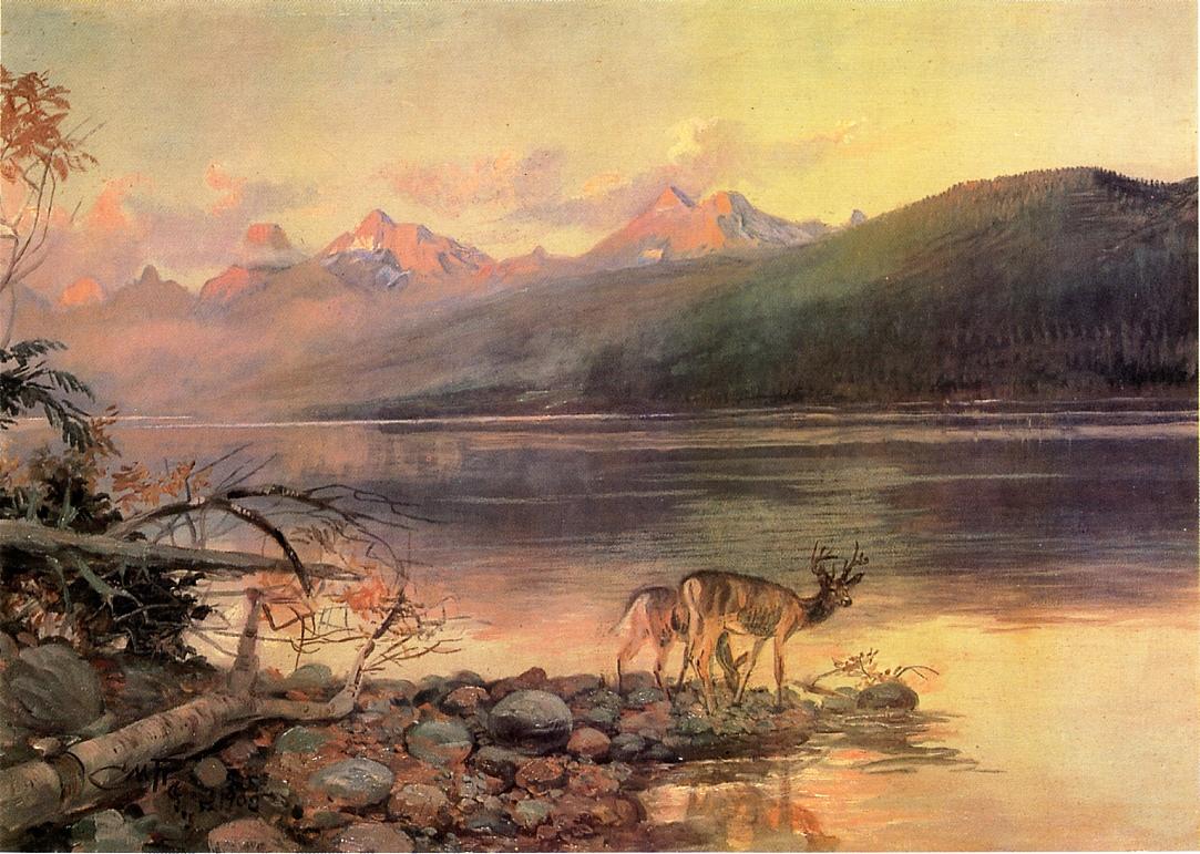Deer-at-Lake-McDonald-by-Charles-Marion-Russell,-Classic-Western-American-Art,-16x12"-(A3)-Poster-Print