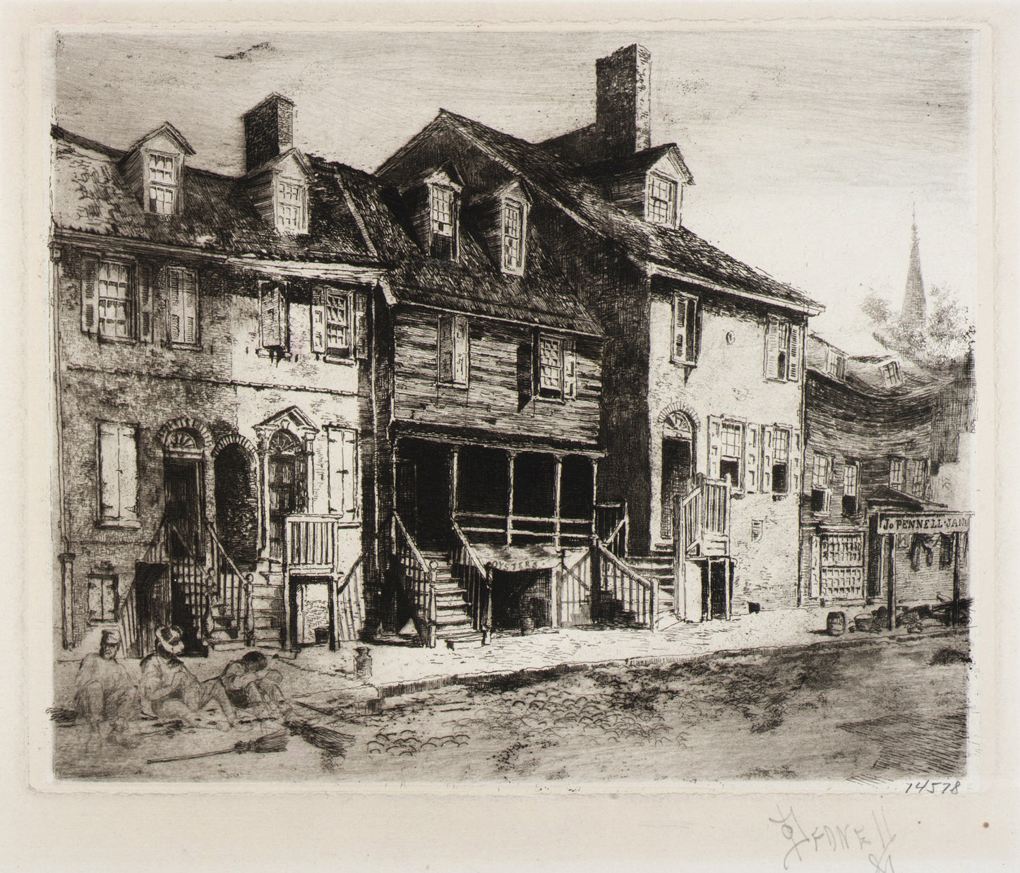 Joseph Pennell:Street Sweepers, Old Houses,16x12"(A3)Poster
