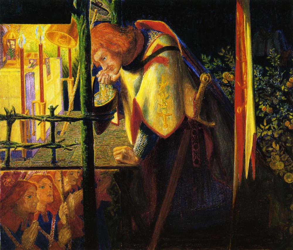 Sir Galahad at the Ruined Chapel, 1859 by Dante Gabriel Rossetti, pre-Raphaelite artist, 12x8" (A4) Poster