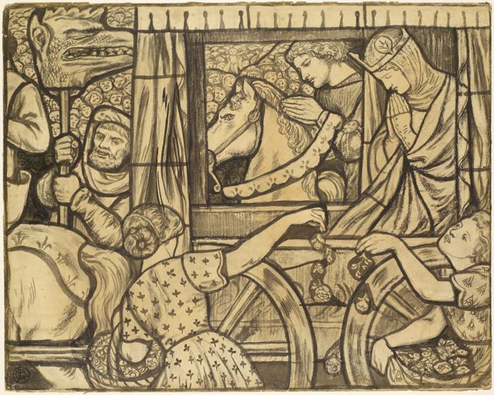 Stained Glass Design - St George and the Dragon - The Return of the Princess, 1861-62 by Dante Gabriel Rossetti, pre-Raphaelite artist, 12x8" (A4) Poster