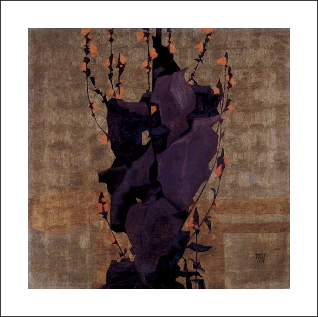 Stylized flowers in front of decorative background, still life by Egon Schiele, 12x8" (A4) Poster Print