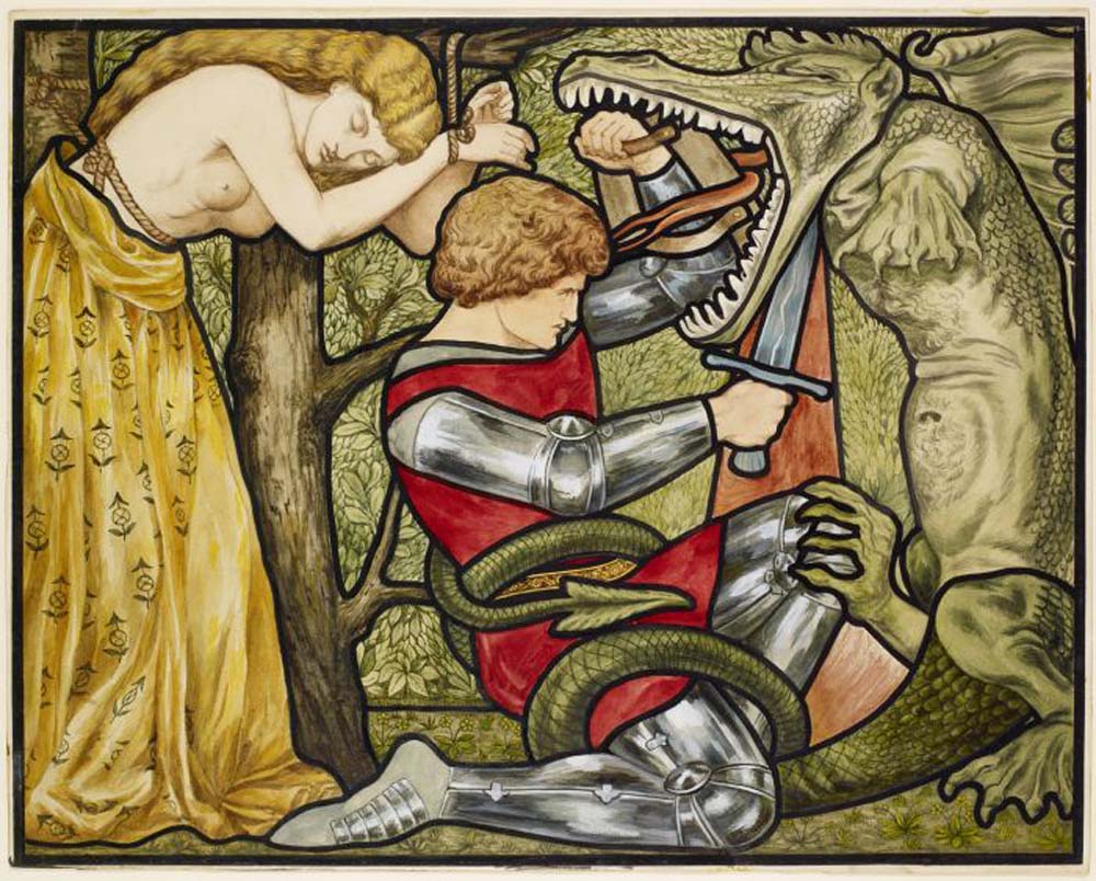The Story of St George - St George Slaying the Dragon, 1875 by Dante Gabriel Rossetti, pre-Raphaelite artist, 12x8" (A4) Poster
