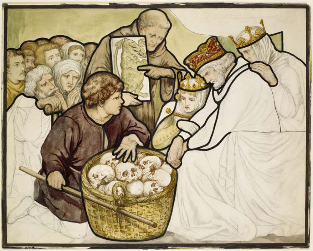 The Story of St George - The Skulls brought to the King, ca1875 by Dante Gabriel Rossetti, pre-Raphaelite artist, 16x12" (A3) Poster