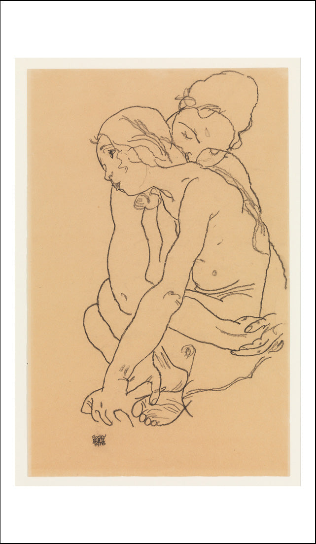 Two Nude Women Embracing, Lesbian, Erotic 1918-2 by Egon Schiele, 12x8" (A4) Poster Print