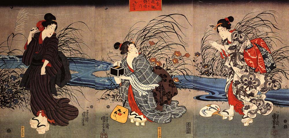 Woman catching firefly by a stream, historic, vintage ukiyo-e Japan artwork,12x8"(A4) Poster Print
