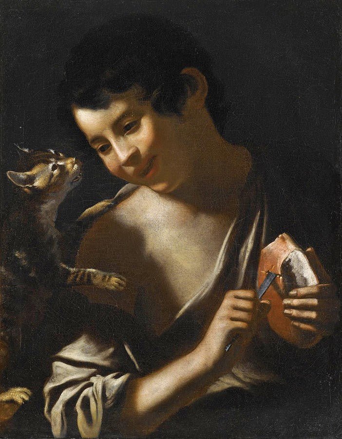 A Boy Eating a Loaf of Bread with a Cat, vintage artwork by Tomaso Salini, 12x8" (A4) Poster